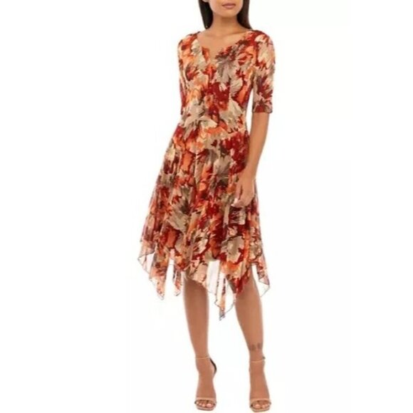 Chris McLaughlin Floral Short Sleeve Mesh Handkerchief Hem Dress Size 4 - Picture 1 of 10
